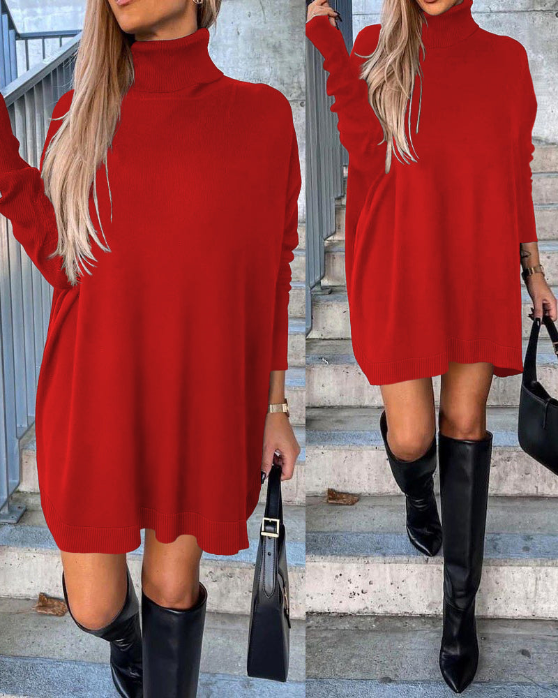 High Neck Long Sleeve Knit Sweater Dress 1 High Neck Long Sleeve Knit Sweater Dress