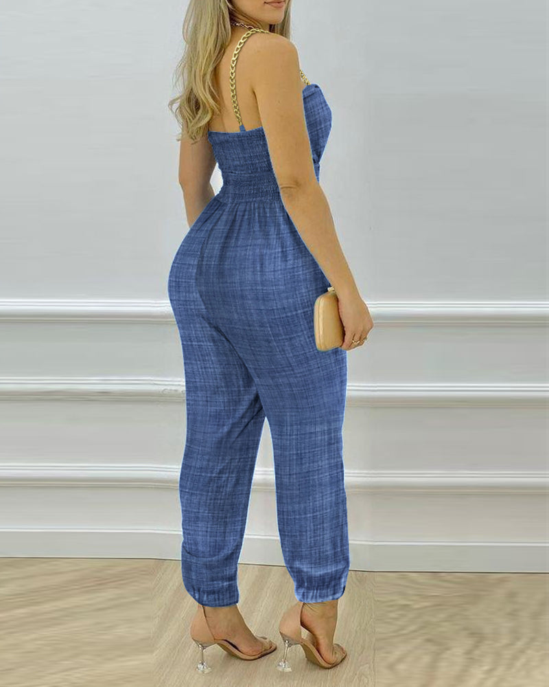 Women's Chain Strap Jumpsuit Hollow Out Shirred Waist Overalls Casual Jogger Jumpsuit with Pockets