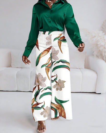 2 Pieces Outfit Turn-down Collar Long Sleeve Button Front Satin Shirt and Casual Vintage Floral Print Elastic Back Waist Wide Leg Pants Set without Belt