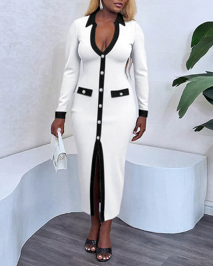 Pearls Button Decor Contrast Paneled Turn-down Collar Slit Front Dress Zipper Side Flap Detail Slim Fit Commuting Dress