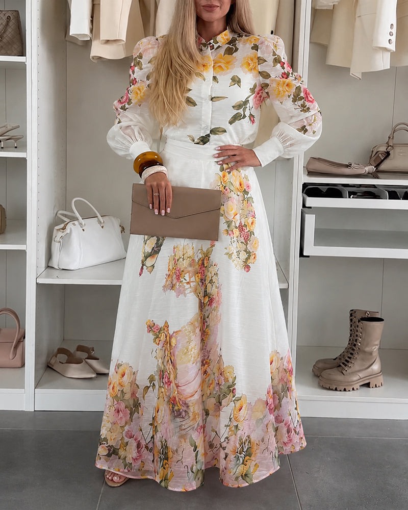 Women's Floral 3 Piece Outfits Stand Collar Blouse and Cami Top and High Waisted A Line Maxi Skirt Elegant Vacation Set