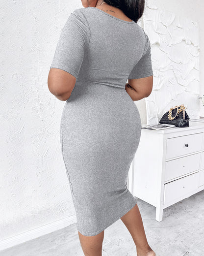 ChicMe Short Sleeve Bodycon Mid-Length Dress Square Neck Slim Fit Dress