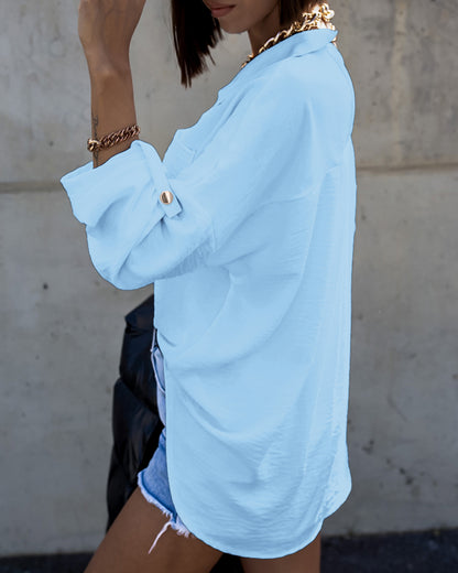 Metal Chain Decor Turn-down Collar Turn-Up Sleeves Front Button Shirt Casual Backless Asymmetrical Hem Top