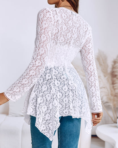 Lace Trim V Neck Button Front Blouse Elegant Asymmetrical Ruffle Hem Top