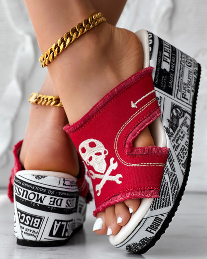 Newspaper Buckled Denim Wedge Slippers