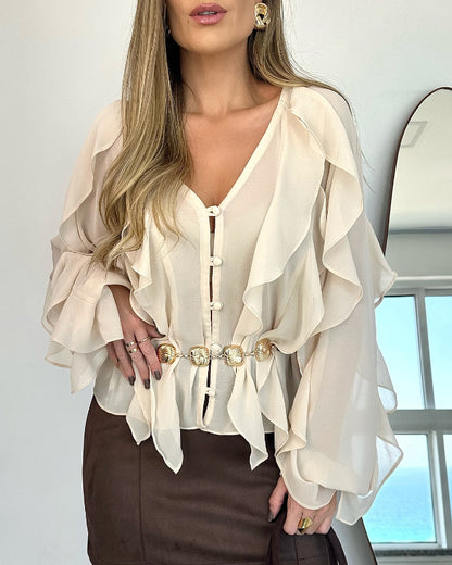 V Neck Shoulder Ruffles Design Blouse Casual Button Front Long Sleeve Top