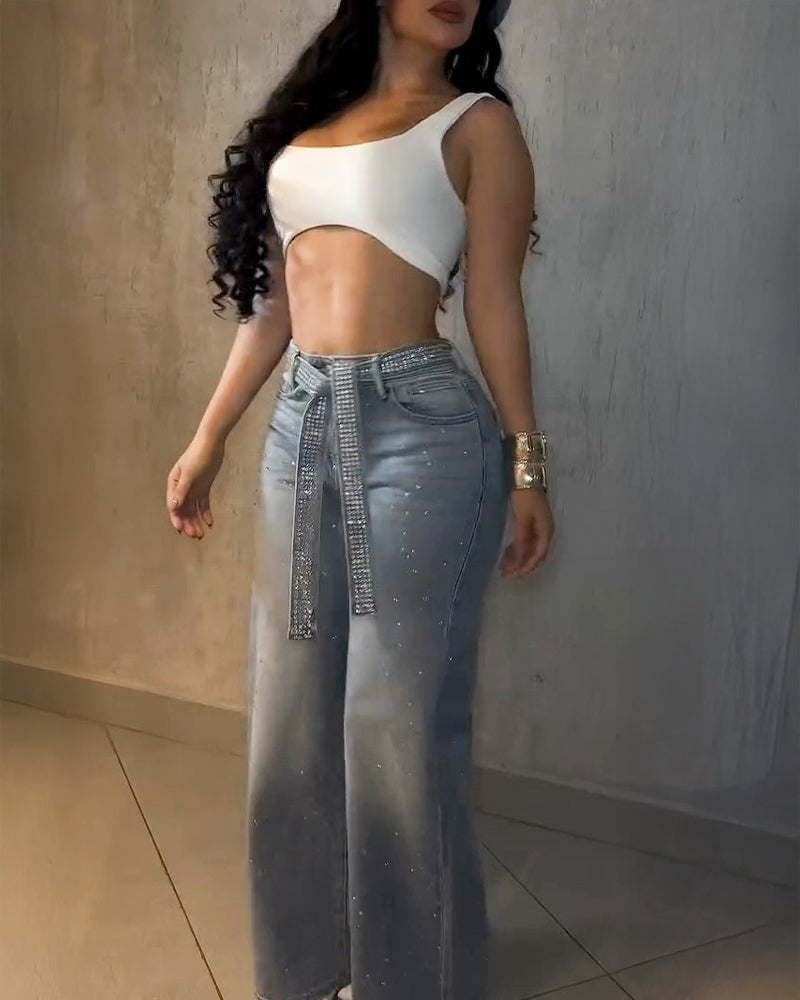 Allover Rhinestone Decor High Waist Zipper Fly Jeans Casual Wide Leg Loose Fit Denim Pants with Rhinestone Decor Belt