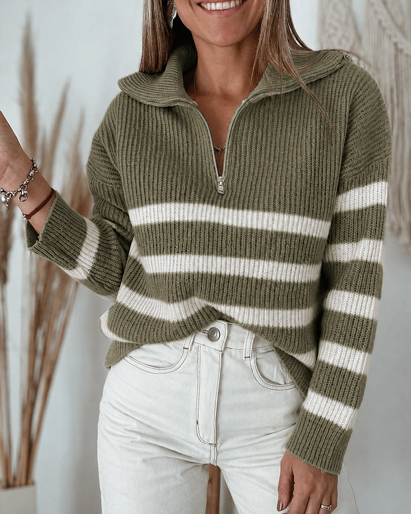 Women's Half Zip Striped Sweater Colorblock Turn-down Collar Knit Pullover Drop Shoulder Loose Fit Top