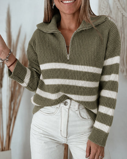 Women's Half Zip Striped Sweater Colorblock Turn-down Collar Knit Pullover Drop Shoulder Loose Fit Top