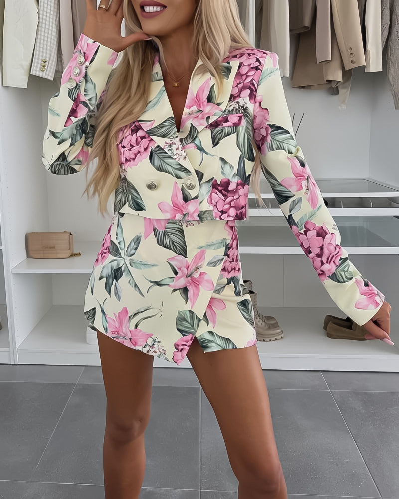 2 Pieces Outfit Notched Collar Double Breasted Crop Blazer and Elastic Back Waist Side Zipper Asymmetrical Hem Skort Set Casual Floral Print Commuting Set