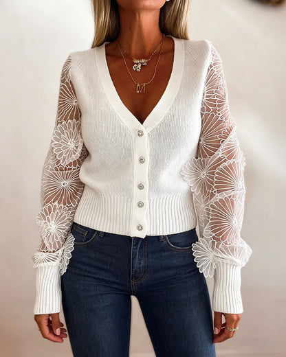 Women's Mesh Long Sleeve Cardigan Embroidered V Neck Knit Sweater Rhinestone Button Ribbed Slim Fit Casual Coat
