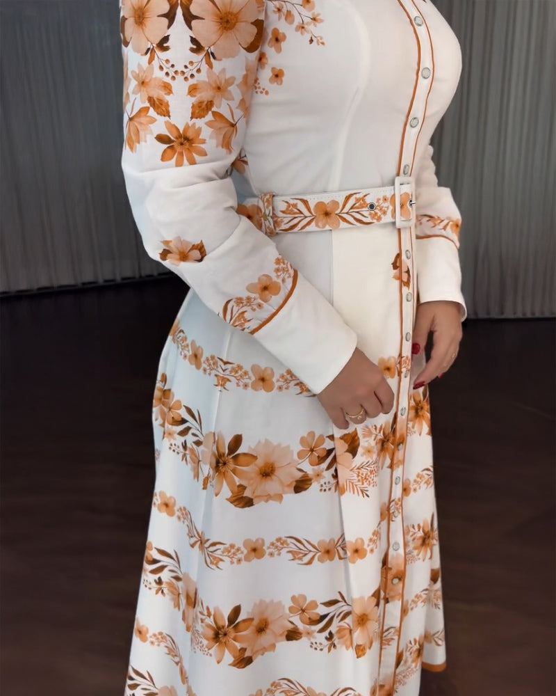 Floral Placement Print Turn-down Collar Puff Sleeve Vacation Dress Casual Button Down Shirt Dress With Belt and Lining