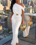 Women's Foldover One Shoulder High Waist Jumpsuit Elegant Ruched Straight Leg Overalls with Belt