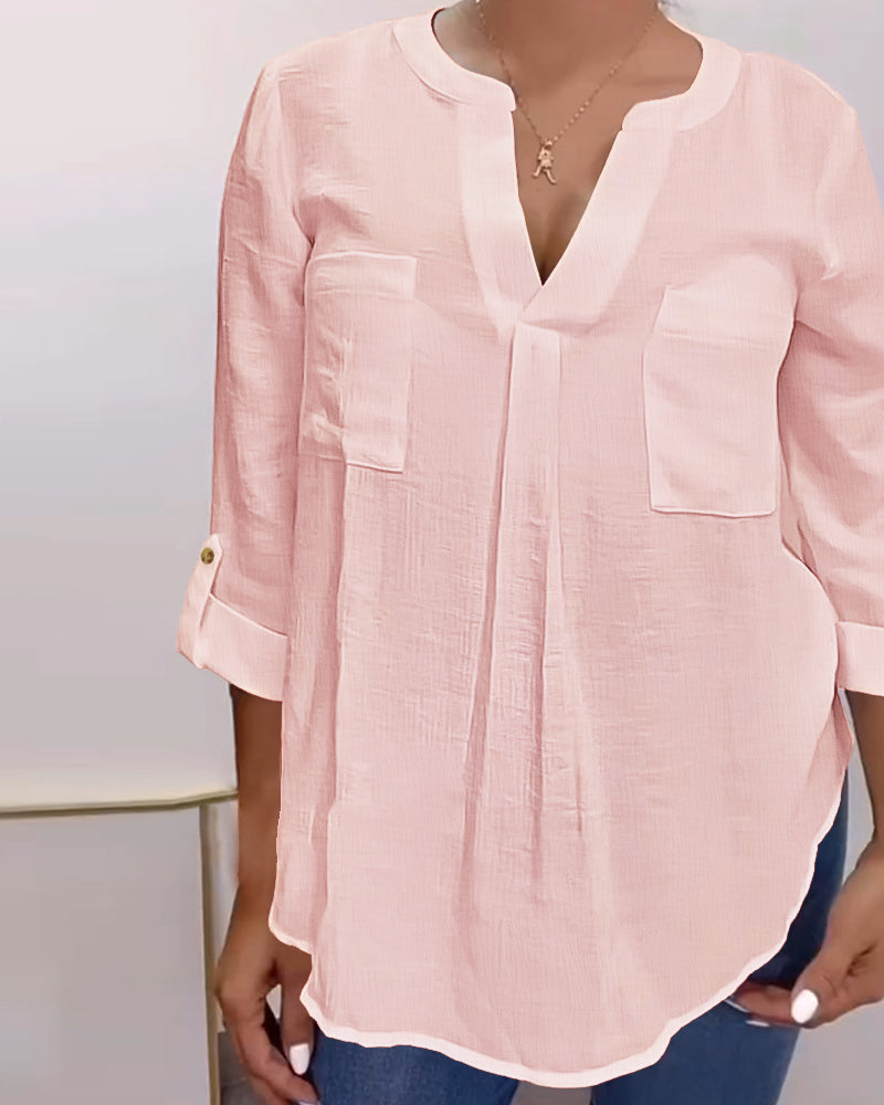 V-Neck Roll Up Sleeve Back Button Blouse Casual Top with Pocket