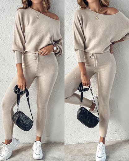 2 Pieces Outfit Skew Neck Long Sleeve Loose Pullover Top and Drawstring High Waist Slim Fit Pants Set