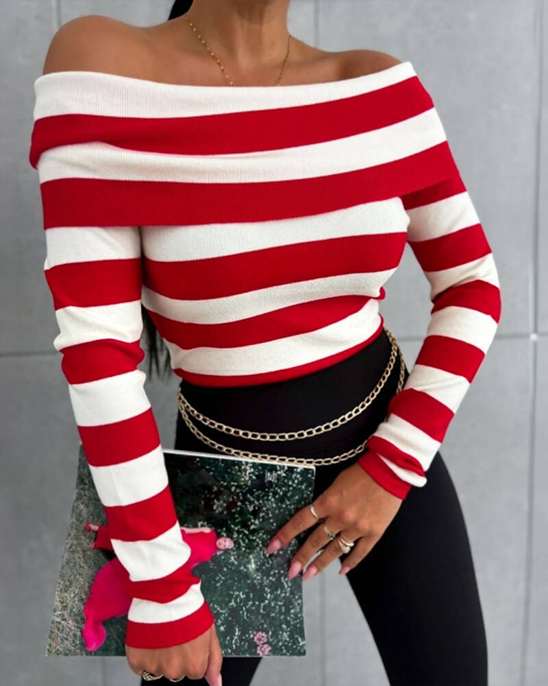 Women's Foldover Off Shoulder Striped Pullover Long Sleeve Slim Fit Knit Top