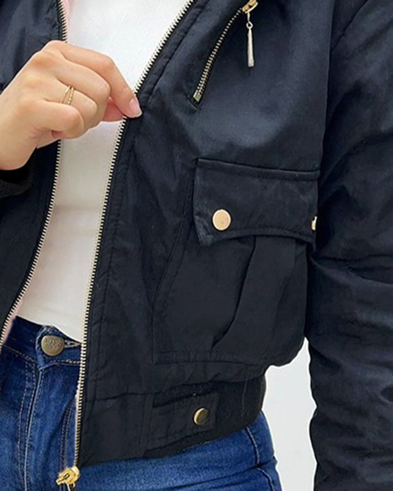 Fuzzy Trim Jacket Hooded Zip Up Fleece Lined Coat Outwear with Pockets