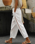 Drawstring Elastic Waist Side Hollow Out Spliced Pocket Design Casual Pants