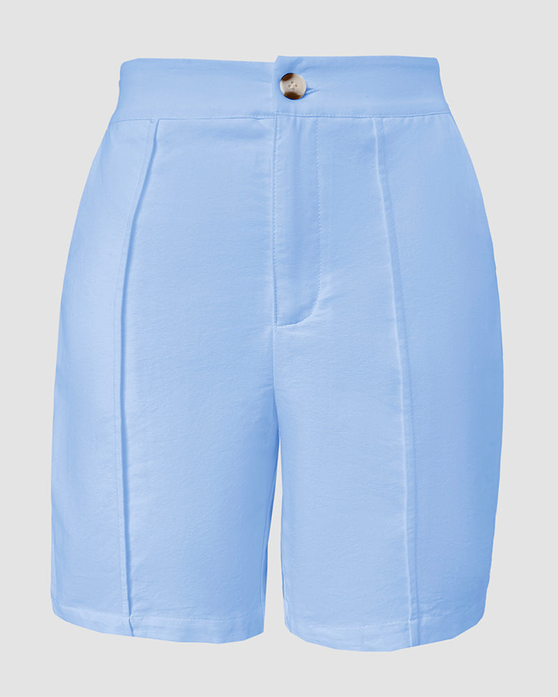 2 Pieces Outfit V Neck Button Front Flap Detail Vest Top and Casual Pockets Design Zipper Fly Elastic Back Waist Shorts Set