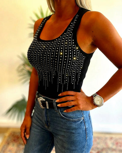 Rhinestone Decor U-Neck Sleeveless Tee Slim Fit Backless Ribbed Tank Top