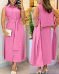 Turn-down Collar Sleeveless Button Front Shirt Dress Casual Open Back Tied Detail Commuting Dress
