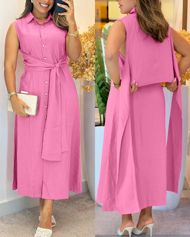 Turn-down Collar Button Front Sleeveless Shirt Dress Casual Tied Detail Maxi Dress