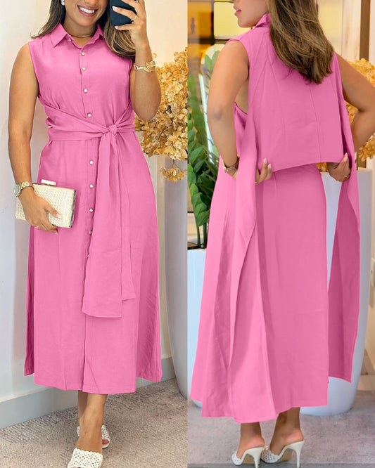 Turn-down Collar Button Front Sleeveless Shirt Dress Casual Tied Detail Maxi Dress