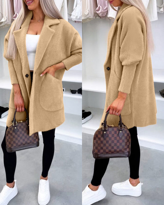 Notched Collar Long Sleeve Single Breasted Coat Casual Mid-legth Fuzzy Coat with Pockets