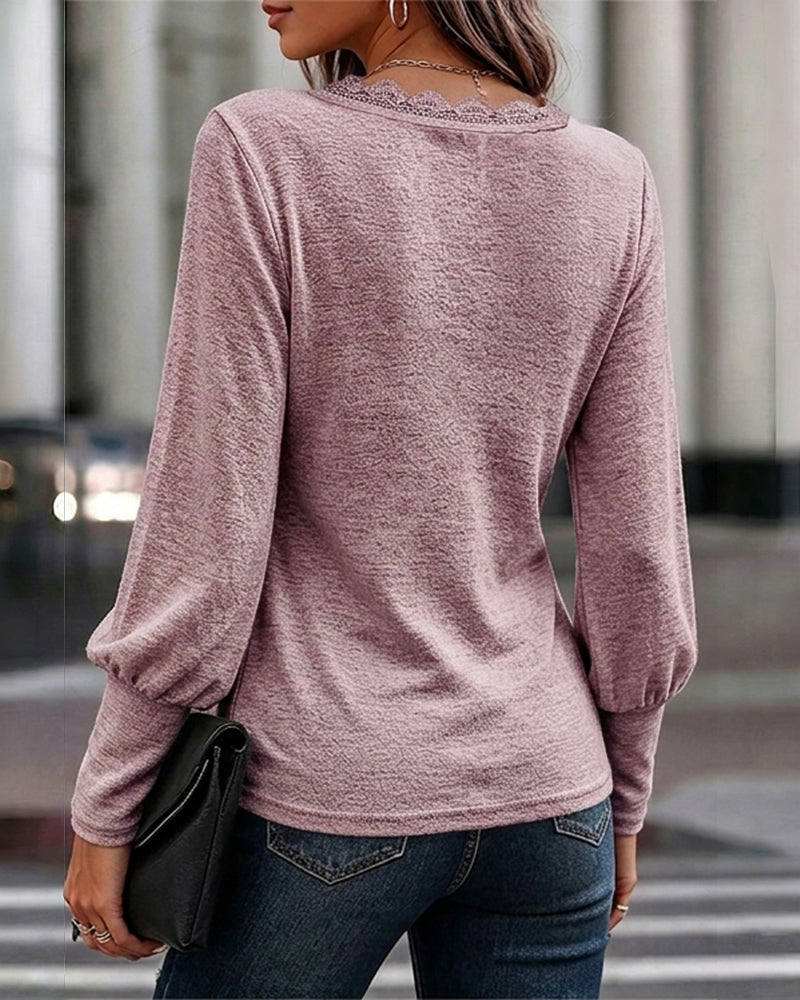 Women's Lace Trim V Neck Top Lantern Sleeve Pullover Top Casual Elegant Tee