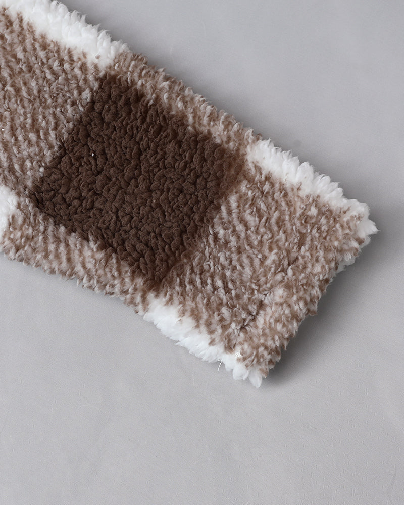 Plaid Pattern Oversized Fleece Jacket Teddy Bear Coat Open Front Batwing Sleeve Fuzzy Cardigan