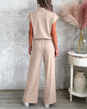 Women's 2 Piece Set Half Zip Cap Sleeve Top and Drawstring Straight Leg Pants Casual Loungewear