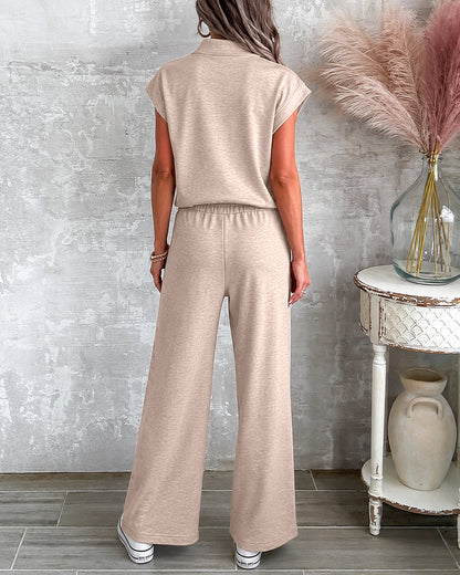 Women's 2 Piece Set Half Zip Cap Sleeve Top and Drawstring Straight Leg Pants Casual Loungewear