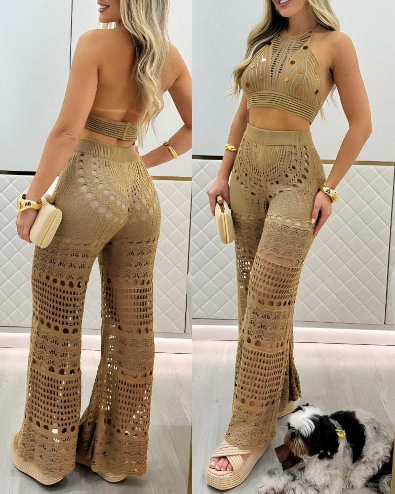 2 Pieces Round Sequin Knitted Halter Sleeveless Crop Top and Casual Strechy Waist Wide Leg Knit Pants Set