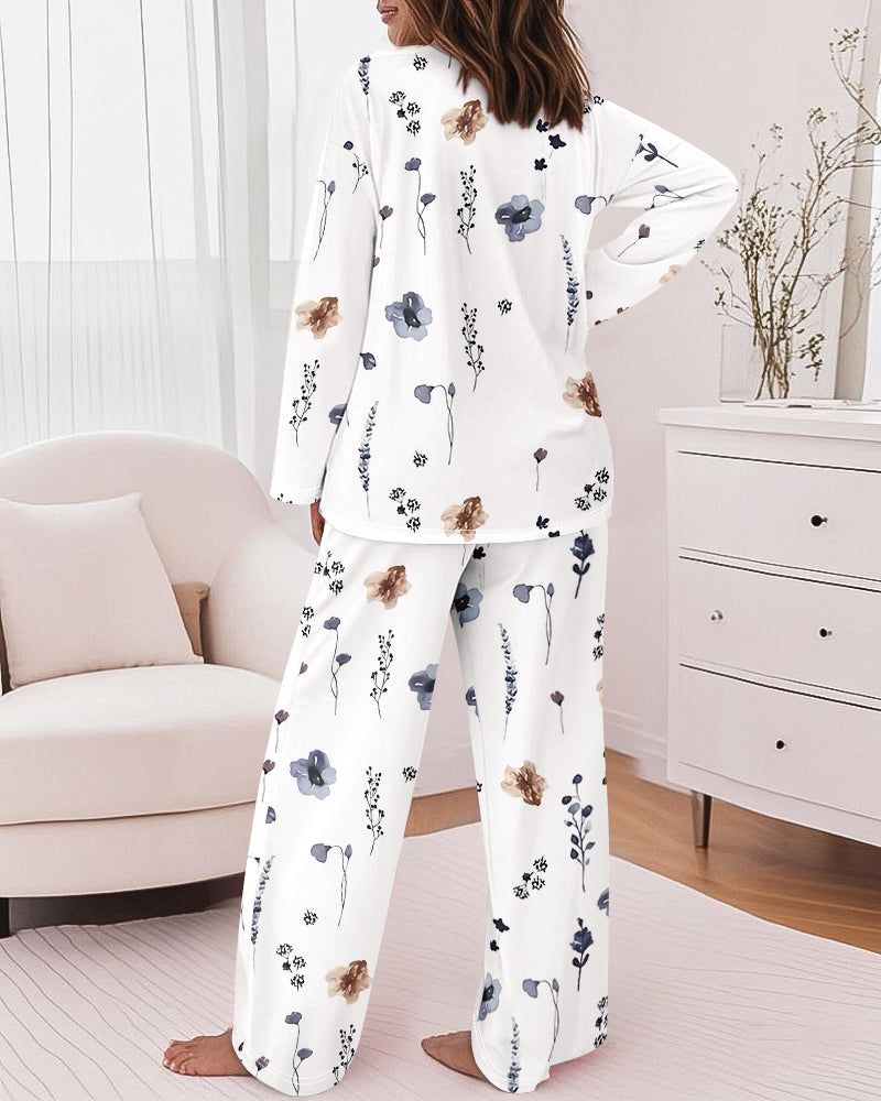 2 Pieces Outfit Floral Print Long Sleeve Drop Shoulder Top and Elastic Waist Pants Sets Casual Pajamas Set