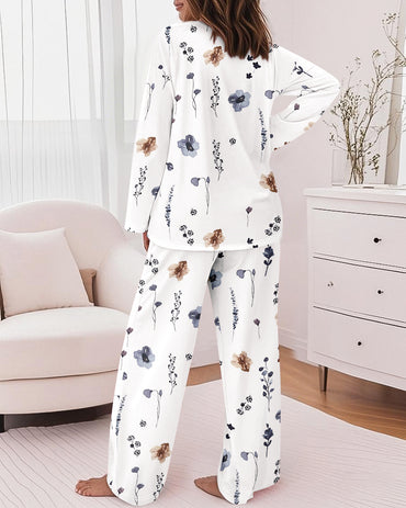 2 Pieces Outfit Floral Print Long Sleeve Drop Shoulder Top and Elastic Waist Pants Sets Casual Pajamas Set