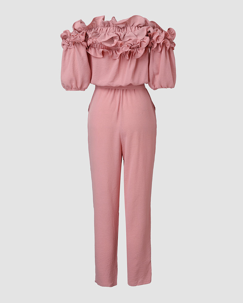 Off Shoulder Frill Hem Tied Detail Jumpsuit
