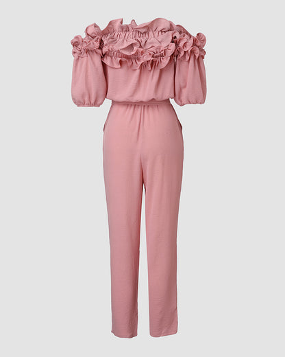 Off Shoulder Frill Hem Tied Detail Jumpsuit