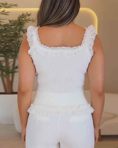 Contrast Lace Sleeveless Square Neck Crop Tank Casual Frill Hem Metal Button Decor Ribbed Knit Top