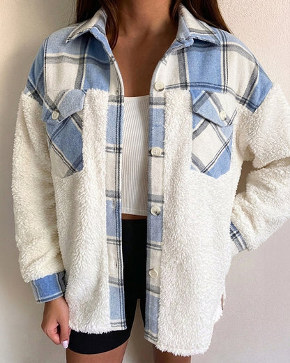 Women's Plaid Patchwork Fleece Shacket Casual Long Sleeve Button Down Faux Shearling Jacket