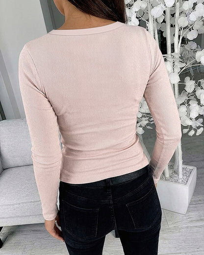 Women's Rhinestone Embellished Ribbed Long Sleeve Layering Top Slim Fit U-Neck Knit Tee Elegant Stretchy Pullover