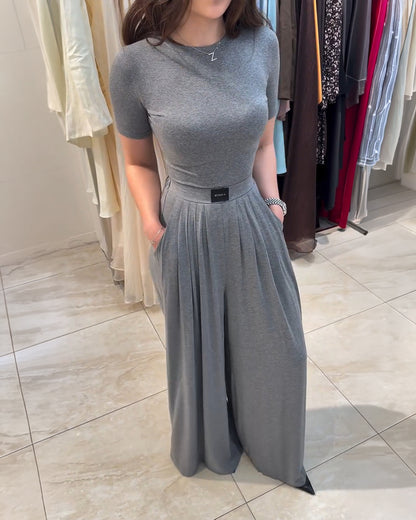 Women's 2 Piece Outfits Casual O-neck Short Sleeve Top and High Waisted Wide Leg Pants Set Lounge Set with Pockets