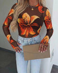 Women's Vintage Floral Print Sheer Mesh Long Sleeve Top Crewneck Tee with Thumb Holes