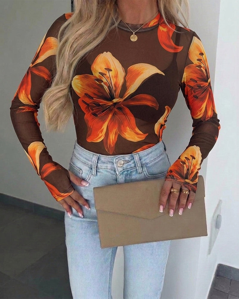 Women's Vintage Floral Print Sheer Mesh Long Sleeve Top Crewneck Tee with Thumb Holes