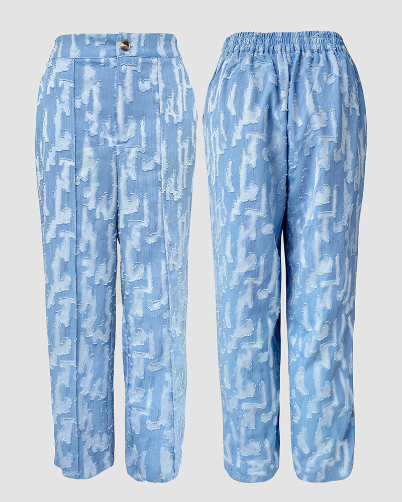 Denim Look Jacquard V-Neck Sleeveless Button Top and Casual Pants Set with Pocket