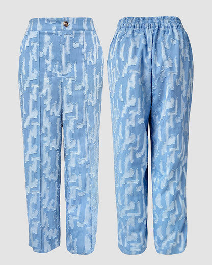 Denim Look Jacquard V-Neck Sleeveless Button Top and Casual Pants Set with Pocket