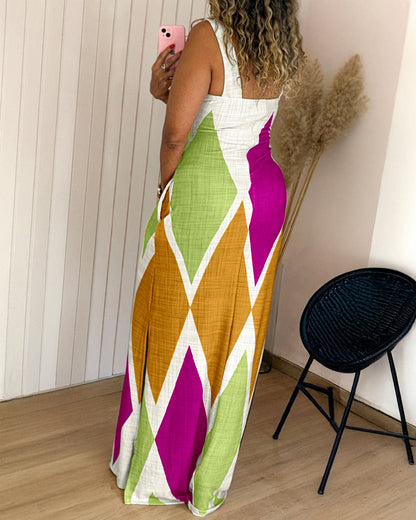 Geometric Print Square Neck Thick Strap Vacation Dress Casual Slim Fit Slit Maxi Dress