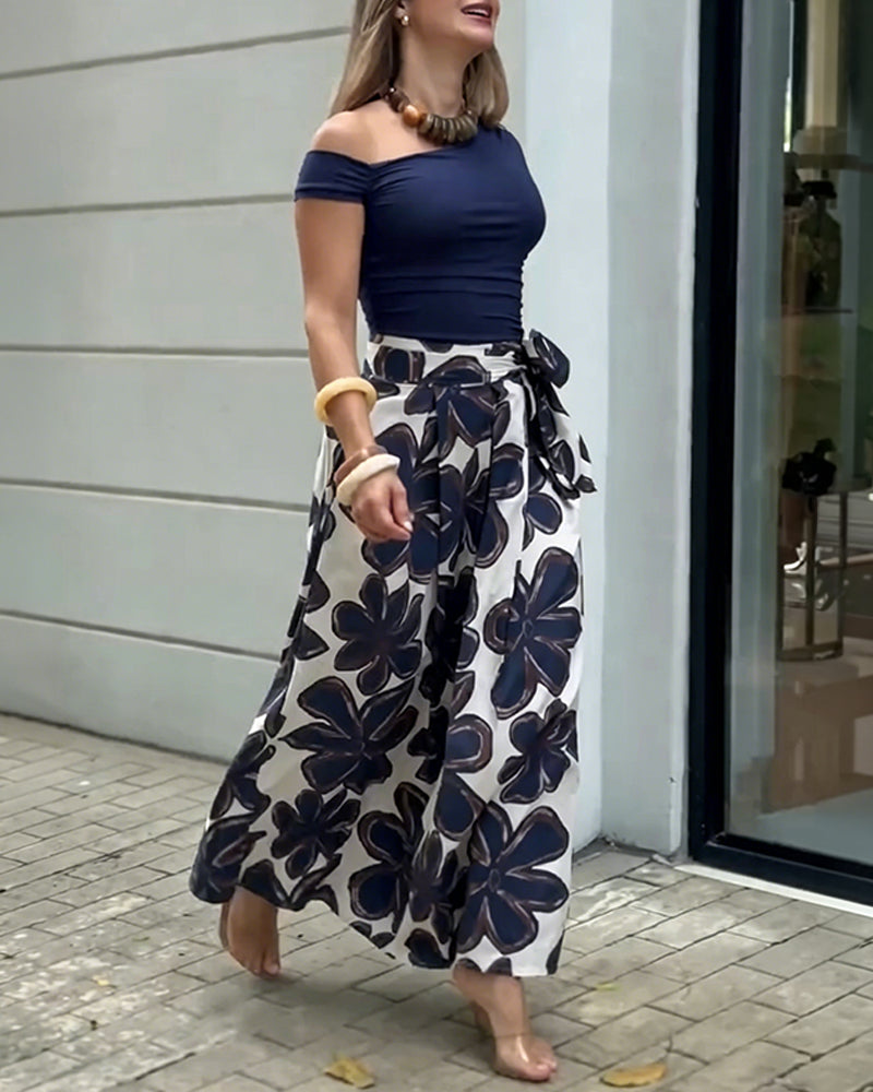Women's 2 Piece Skirt Set Skew Neck Ruched Slim Fit Top and High Waisted Floral Print A Line Skirt with Pockets