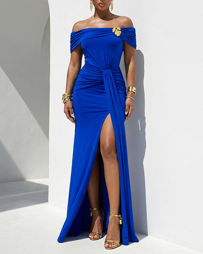 Women's Off Shoulder Ruched Gold Flower Draped Evening Gown Side Slit Mermaid Maxi Dress