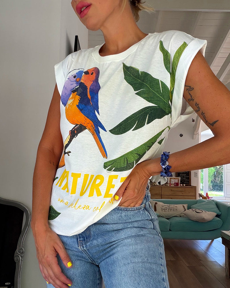 Tropical Animal & Plants Letter Print O-neck Short Sleeve Tee Casual Rolled Cuffs Top
