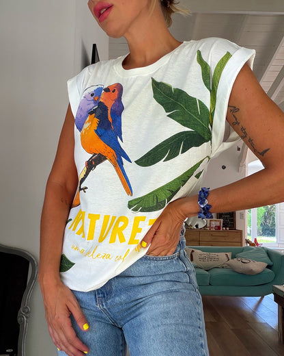 Tropical Animal & Plants Letter Print O-neck Short Sleeve Tee Casual Rolled Cuffs Top